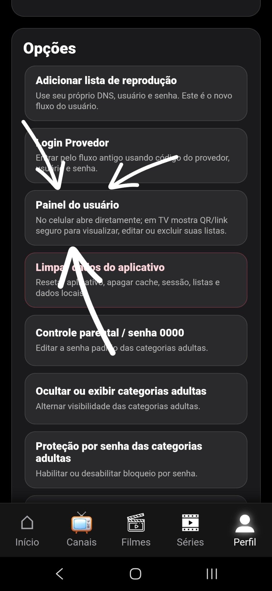 Orientação mostrando onde tocar em Painel do usuário no IBO PLUS
